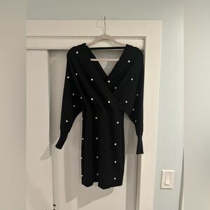HWA Apparel - Black Pearl Embellished Sweater Dress